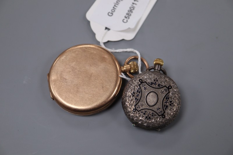 A 1920s 9ct gold pocket watch (a.f.), gross 53.5 grams and a 935 white metal cased fob watch.